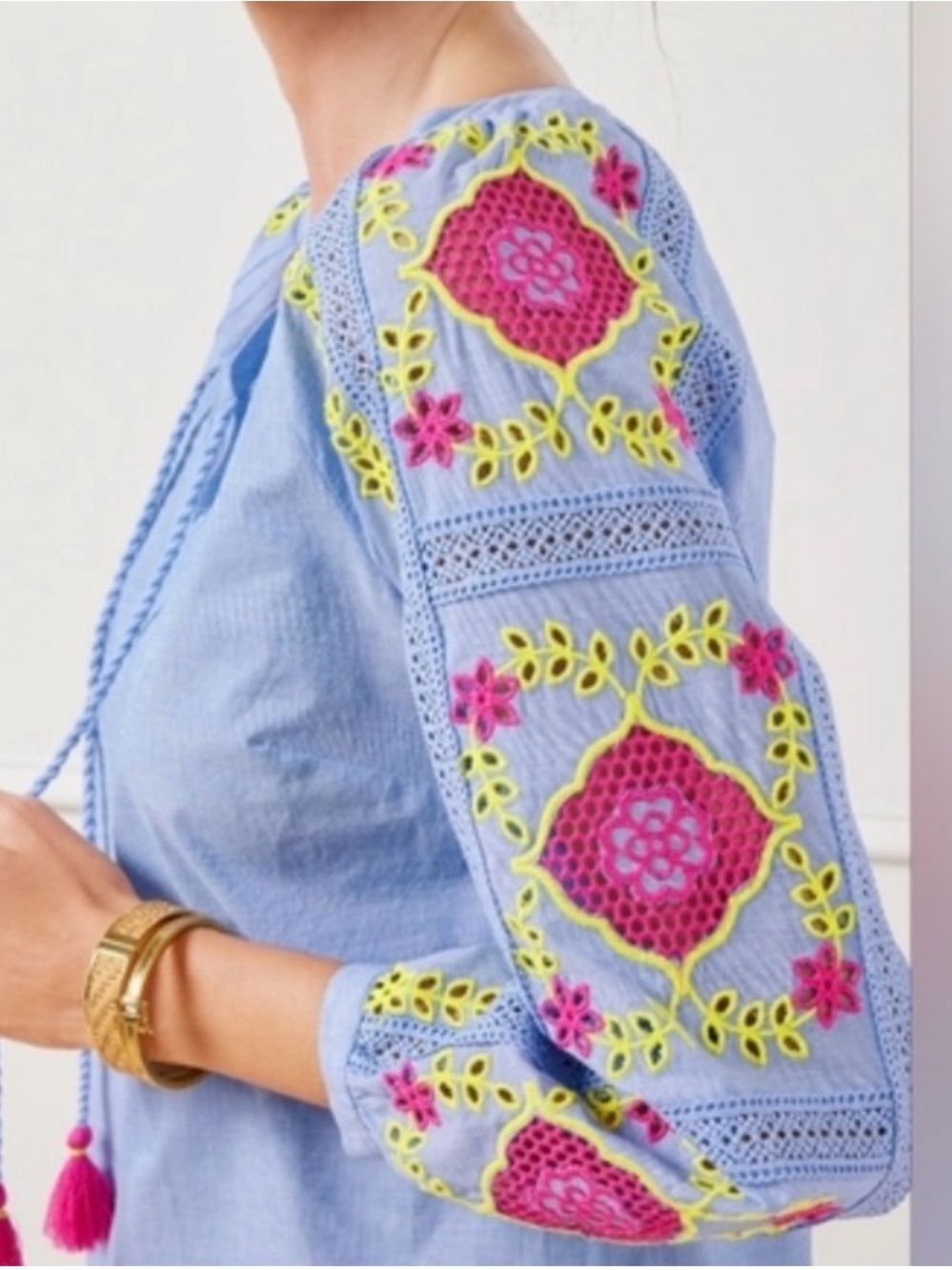 Talbots Light Blue Peasant Blouse with Fuchsia Tassels and Neon Embroidery